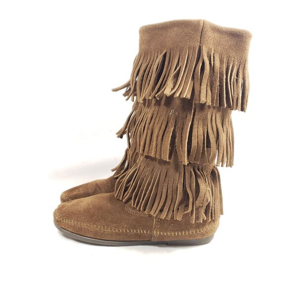 Minnetonka Womens Size 7 3-Layer Fringe Brown Suede Moccasin Boots - Picture 3 of 8